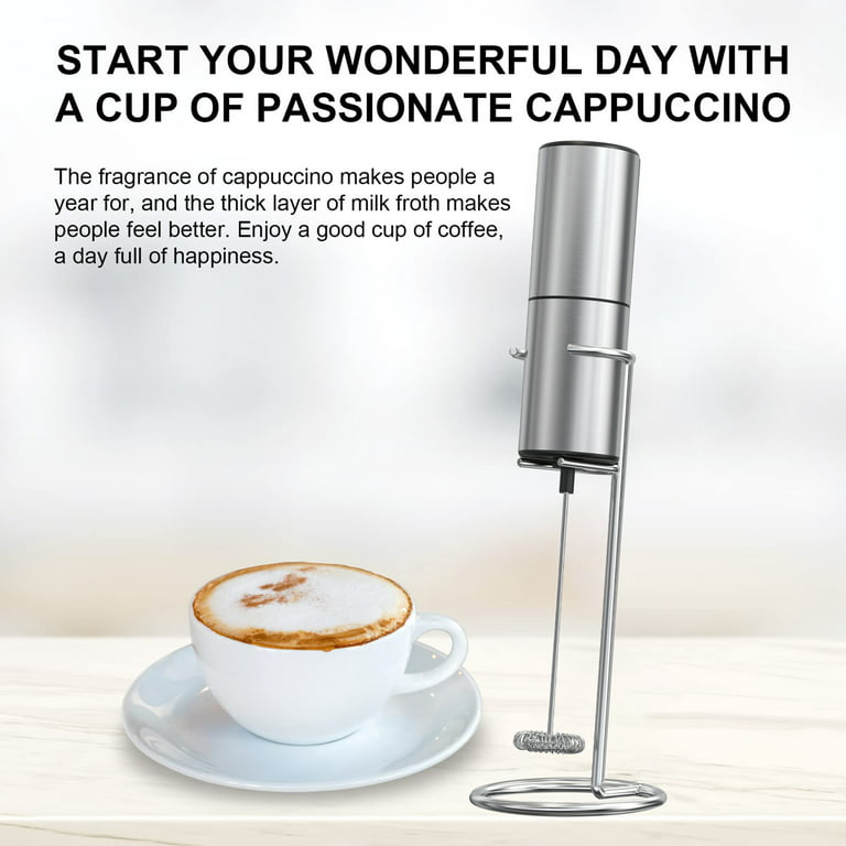 Kaffe Handheld Milk Frother w/ Stand, Battery Operated, Stainless