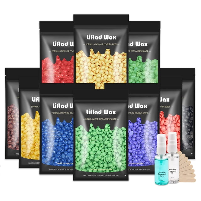 Perlas de cera dura para depilación gruesa – 2.2 lb, paquete de 10 granos de cera depilatoria con espátulas para cara, cejas, espalda, pecho, bikini, piernas, recambios para cualquier calentador de ce