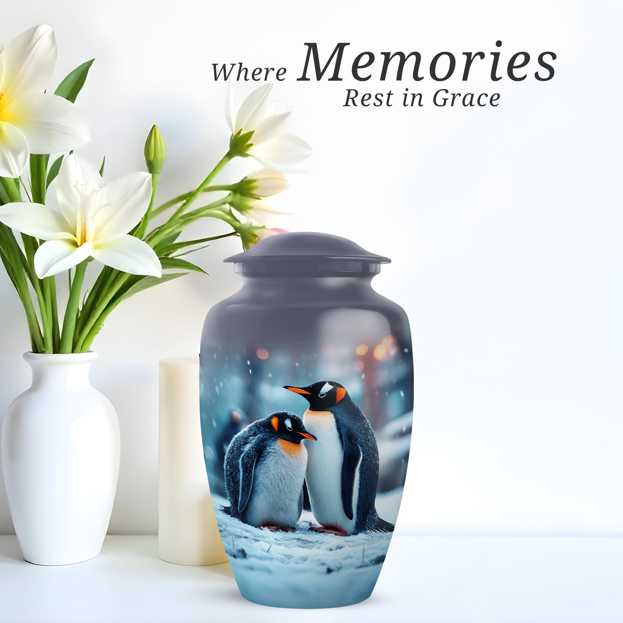 Penguins Cremation Urns For Human Ashes Adult Female Mom, Blue Urns For Human Ashes Man And Woman, Funeral Urn For Adults Male, Large Decorative Urn For Brother, 10 Inch