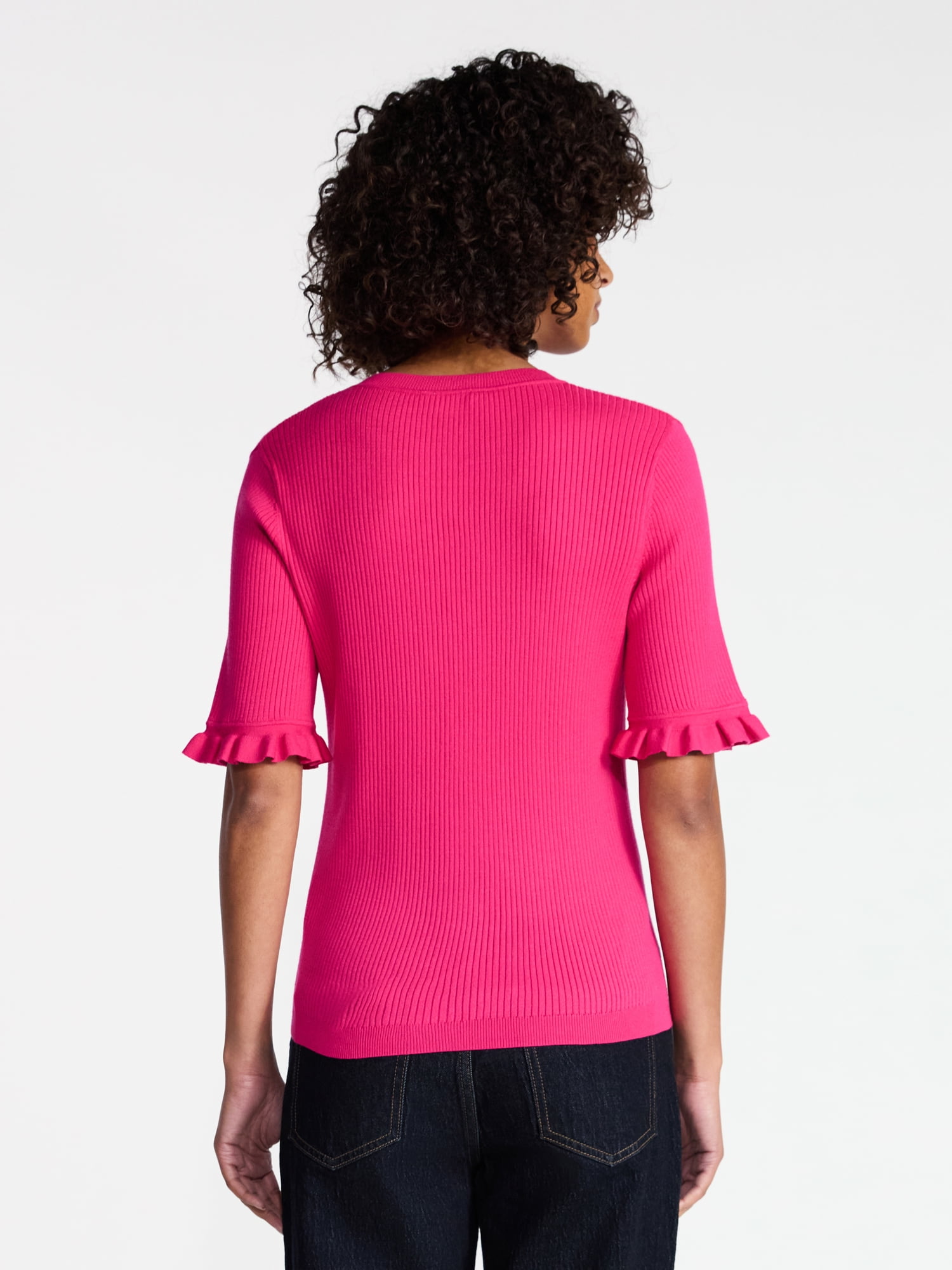 Time and Tru Women's Ribbed Sweater with Flounce Sleeves, Midweight, Sizes XS-XXXL