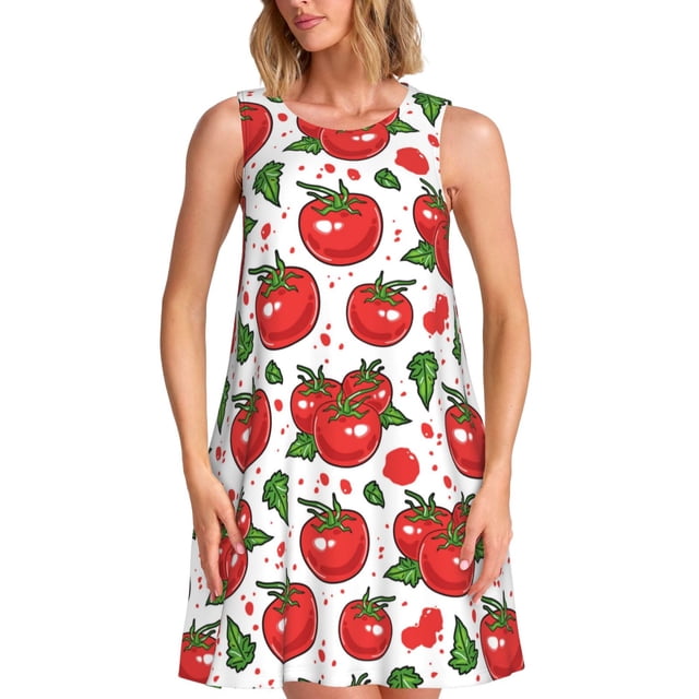 Fotbe Hand Drawn Tomatoes Vestido de Verano sin Mangas para Mujer – Vestido Midi Línea A, Estilo Camiseta Floral, Vestido Playero Casual y Fluido
