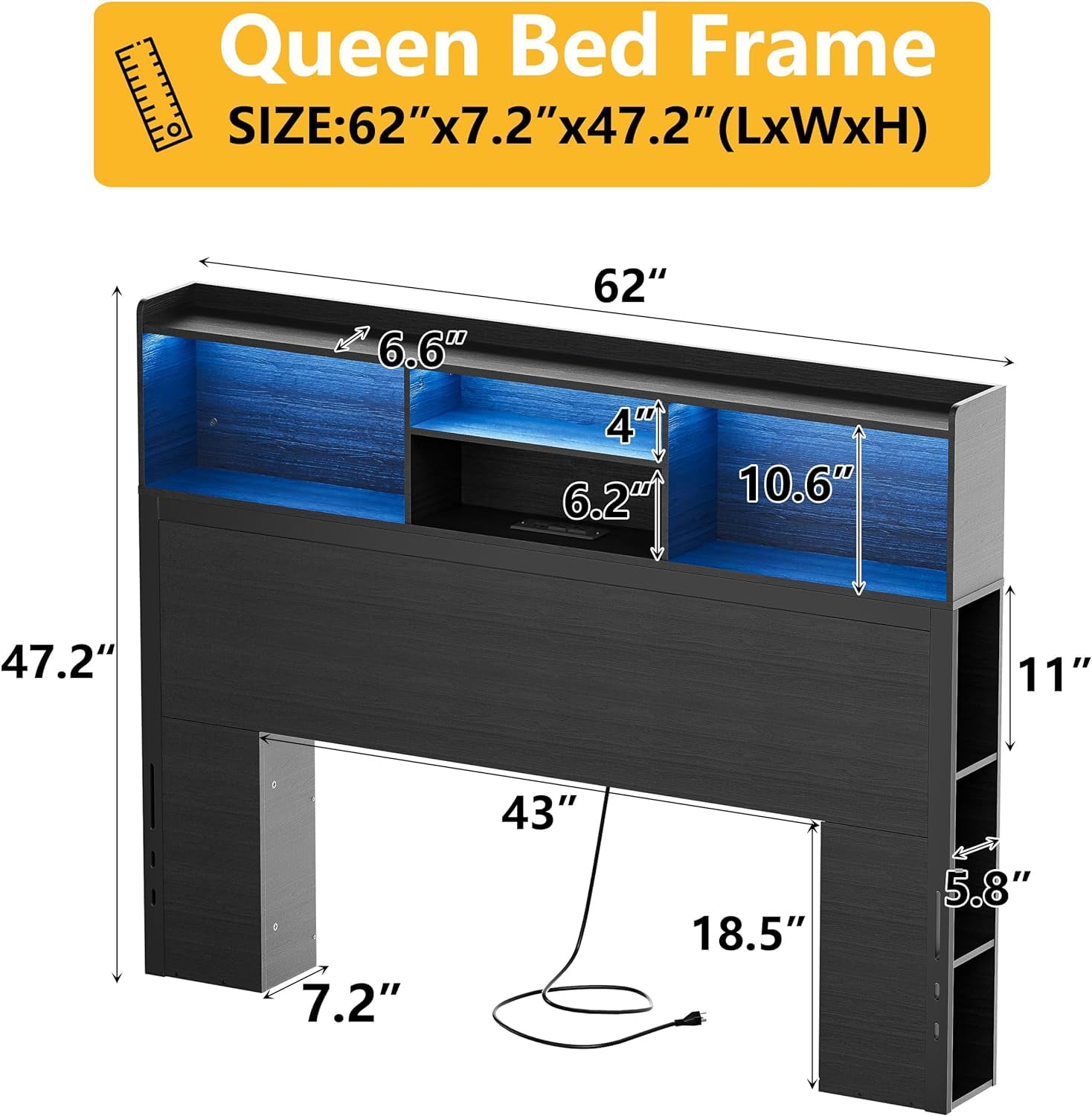 PAKASEPT Queen Size Storage Headboard, 62" Wide Headboard Only, Stylish Bookcase Headboard with Charging Station & LED Lights, Modern Wood Headboard, Noise-Free HeadBoard with Storage