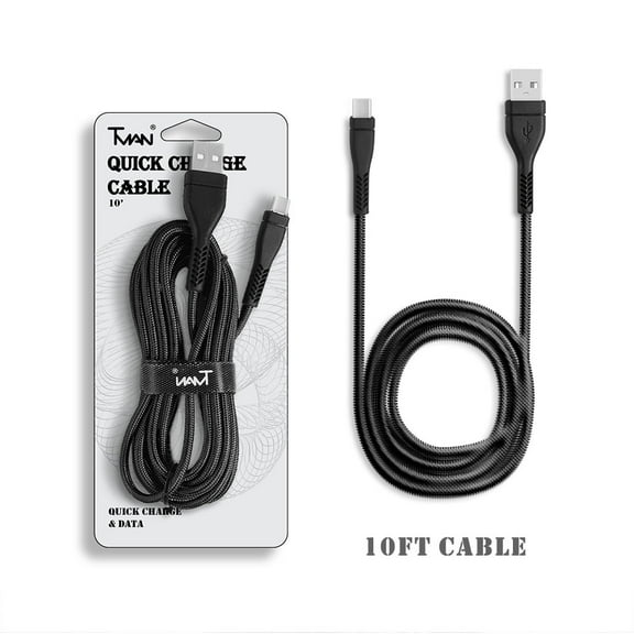 For Universal 10 Ft USB Braided Nylon Round Data Charger Type C Cable Black