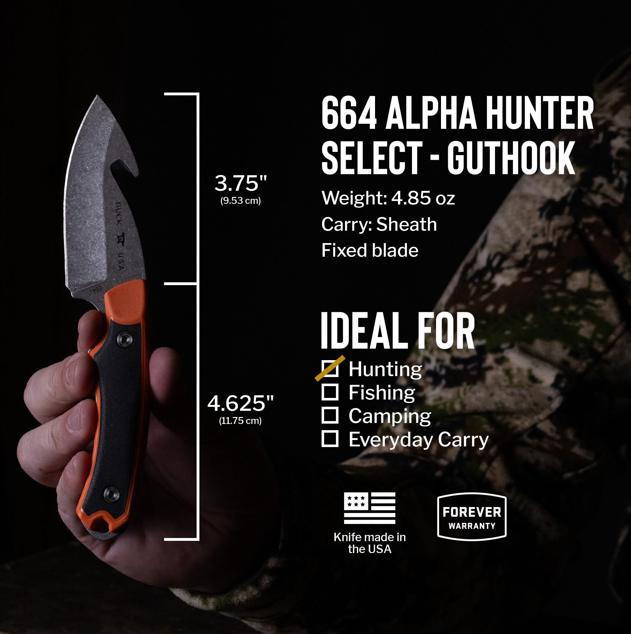 Buck Knives 664 Alpha Hunter Select Fixed Blade Hunting Knife with Guthook, Orange