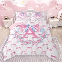 Castle Fairy Letter Monogrammed A Bedding Comforter Set 2pcs for Boys Girls,Kawaii Floral Bow Twin Comforter Sets Microfiber,Dreamy Princess Breathable Bedding Set,Breathable Home Decor,Reversible