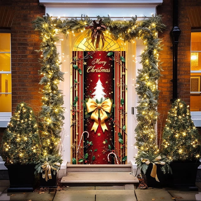 Cubrepuertas Navideño - Diseño de Papá Noel - 89 X 180 Cm - Decoración Festiva | Material: Poliéster - Fácil Instalación - Apto para Puertas Estándar - Multicolor - 1 Unidad