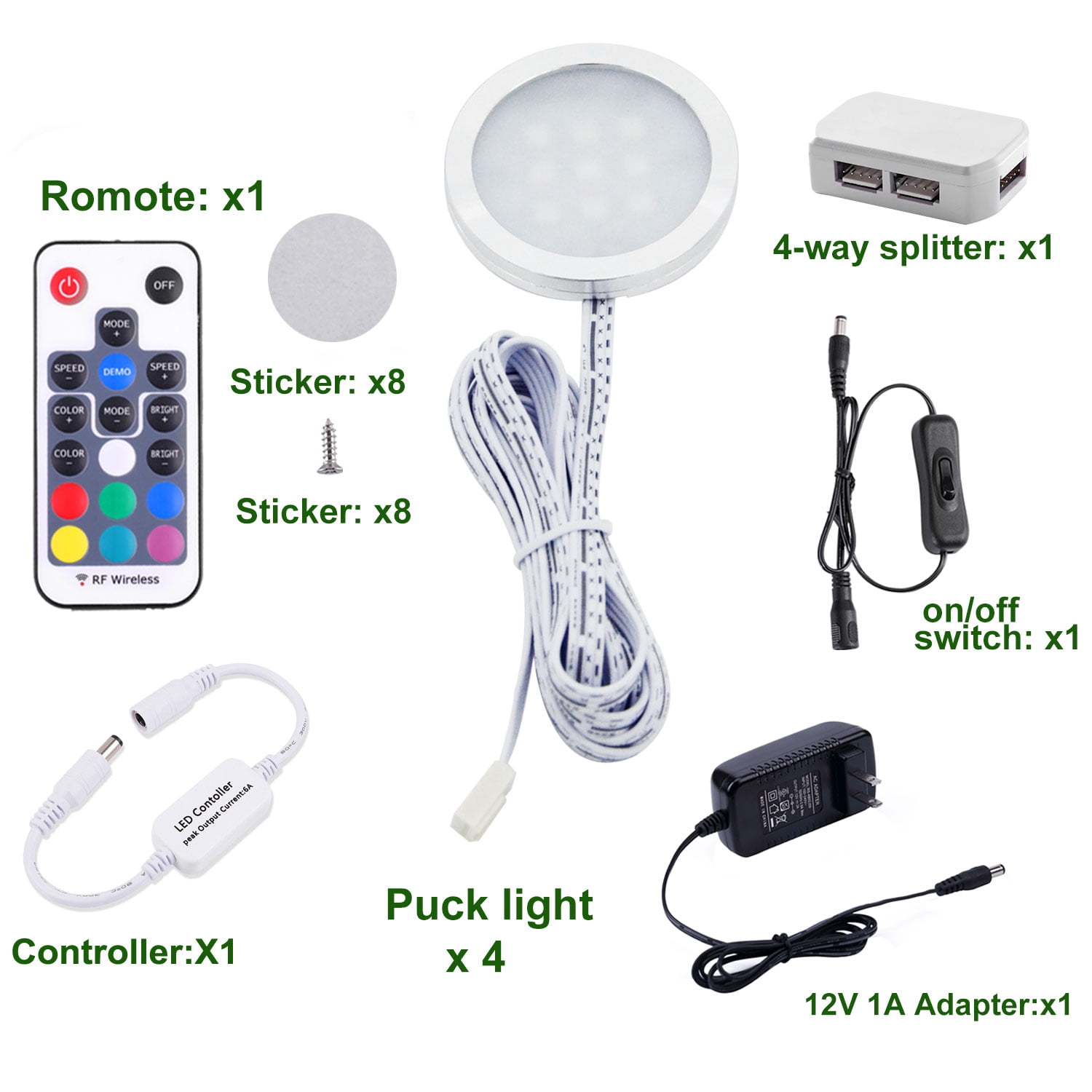 RGB Color Changing LED Under Cabinet Lights Kit - Slim Aluminum Multi-Color Puck Lights for Kitchen Counter, Furniture, and Holiday Decor (Set of 4)