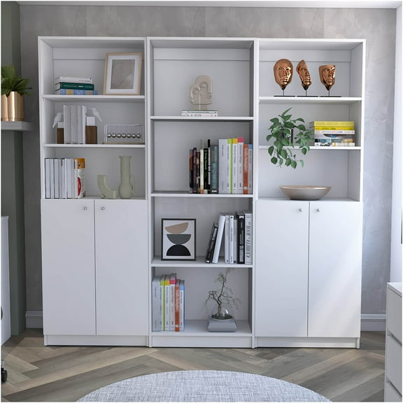 JERFIT 3-Piece White Bookcase Set with Doors & Shelves, 74" Wide Storage Cabinet for Living Room, Bedroom & Office