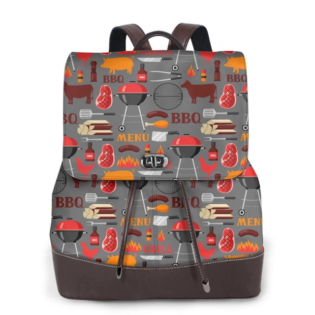 Easygdp BBQ Icons Mochila de Cuero para Mujeres, Bolso de Hombro, Bolsos de Mano de Moda para Trabajo y Viajes