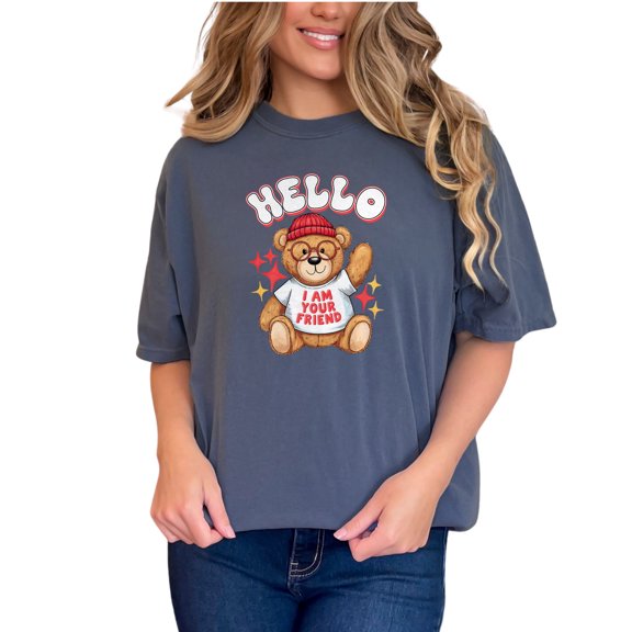 Cute Teddy Bear T-Shirt, Adorable Bear with Glasses and Beanie Tee, Fun Graphic Tee, Hello I Am Your Friend Shirt for All Ages, Denim Comfort Colors T-Shirt, Small