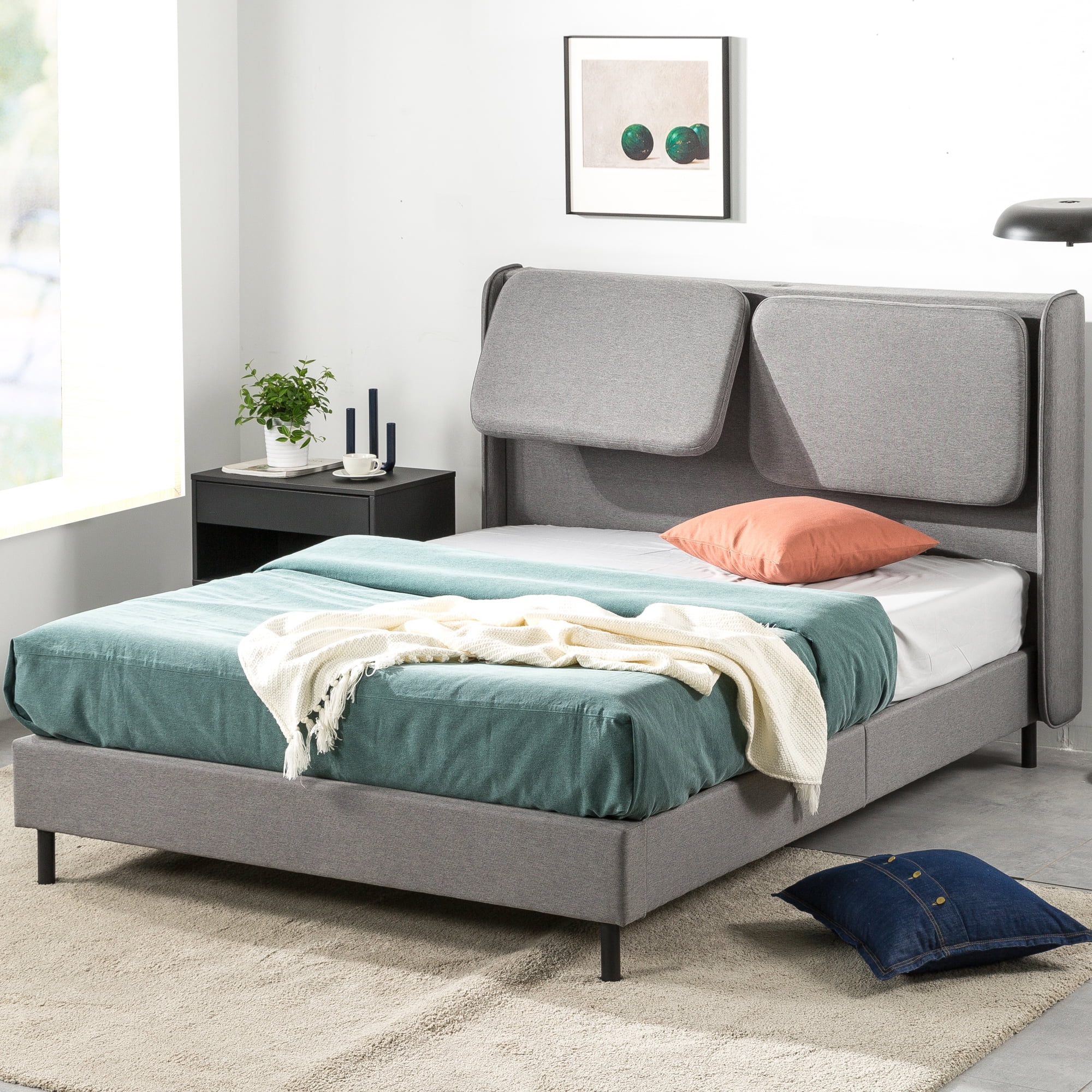 Zinus 41 Avery Platform Bed Reclining Fabric Headboard and USB Ports Grey King Walmart