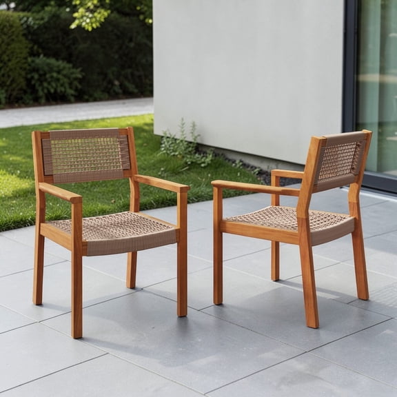 GZXS 2-Pack Patio Dining Chairs, Acacia Wood Frame with Rope-Weaving Backrest & Seat, Rustic Outdoor Armchairs for Garden, Balcony, Poolside, Porch or Living Room Indoor Use (Teak Light Brown)