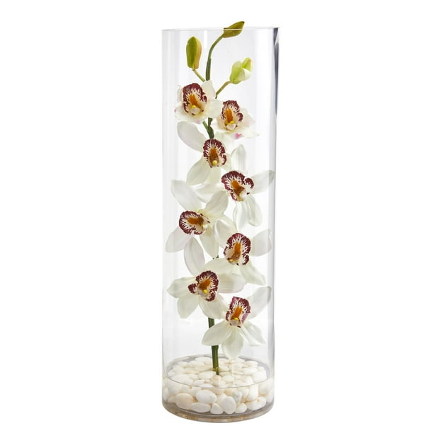 Nearly Natural Cymbidium Orchid Artificial Arrangement In Tall Cylinder Vase