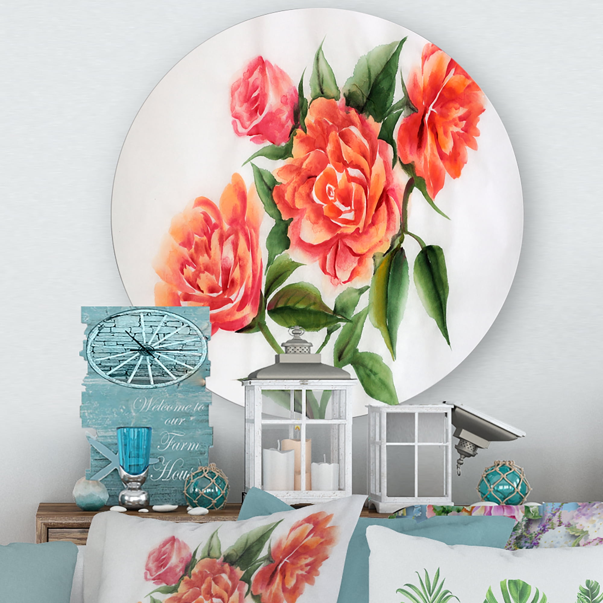 Designart 'Orange VIntage Roses With Green Leaves' Traditional Circle Metal Wall Art 23x23 - Disc of 23