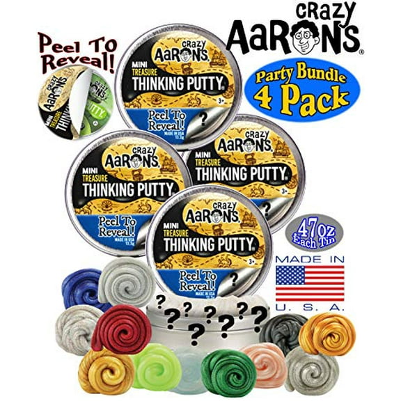 Crazy Aaron's Thinking Putty Mini Tins Treasure Surprise Peel to Reveal (Collect All 12 Colors) Gift Set Party Bundle - 4 Pack (.47oz Each) Items are Assorted and May Contain Duplicates
