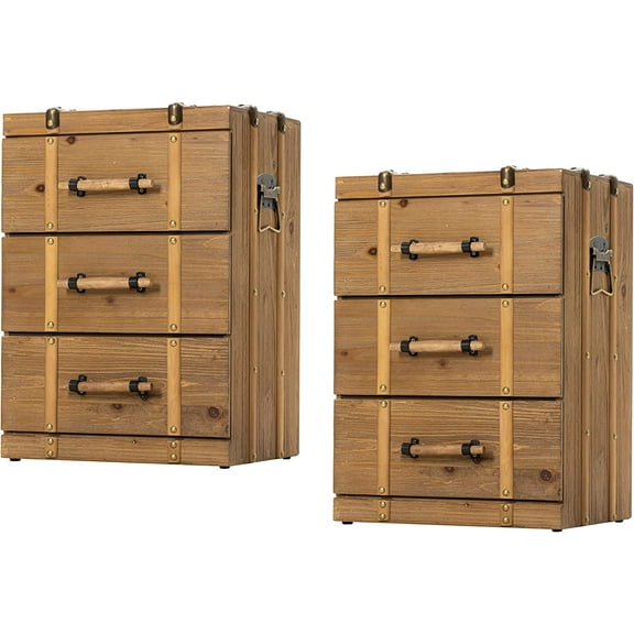 Set of 2 Vintage Mid Century Nightstand with 3-Drawer, Distressed Solid Wood End Table Side Table for Living Room, Bedroom, Fully Assembled, Retro Brown…
