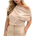 thumbnail image 2 of SROBPTY Womens T-Shirts Solid Crew Neck Short Sleeve Off Shoulder Asymmetrical Loose Breathable Summer Tops for Daily Wear, 2 of 4