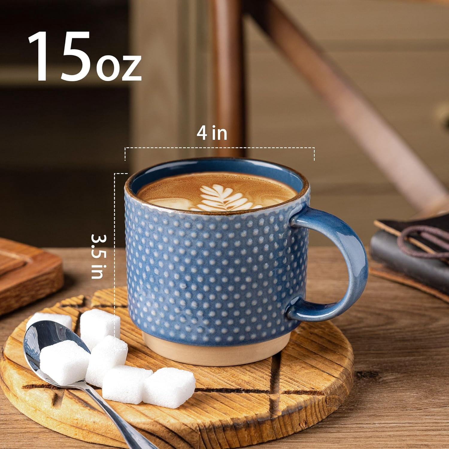 AmorArc 15OZ Stackable Coffee Mugs, Ceramic Coffee Cups with Texture Patterns for Man,Woman,Dad,Mom, Modern Coffee Mugs Set of 4 for Latte/Cappuccino/Cocoa. Dishwasher&Microwave Safe, Blue
