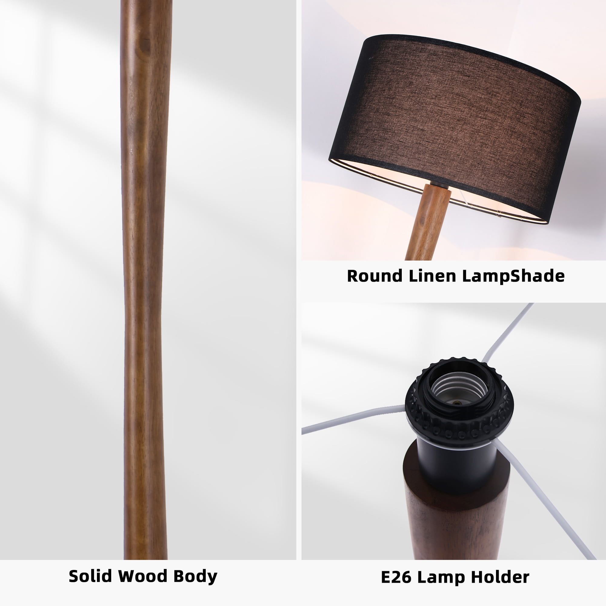 Lxmons 61'' Walnut Wood Floor Lamp, Modern Standing Lamp with Foot Switch for Living Room, Bedroom, Office, Black