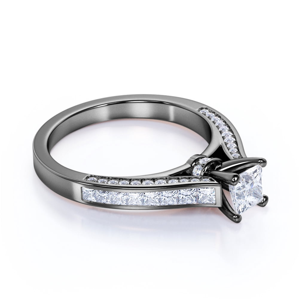 JeenMata Vintage 1 Carat Princess Cut Moissanite - Channel Set Band - Edwardian Gothic Engagement Ring in 18K Black Gold over Silver