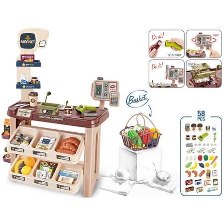 Mundo Toys 58PCS Supermarket Playset with Shopping Cart, Cash Register, Scanner - Multipack