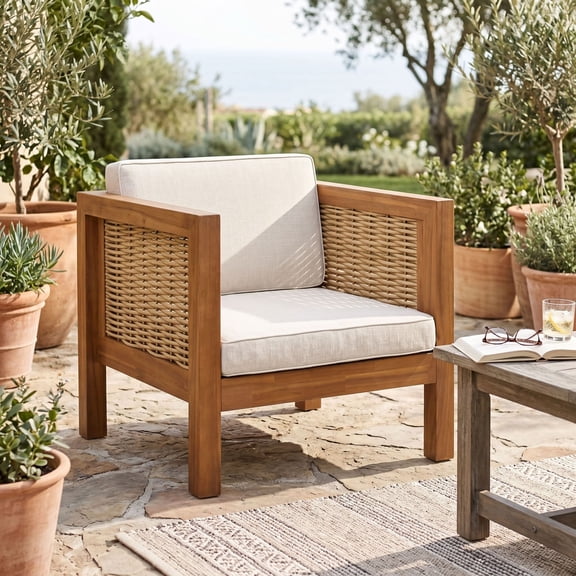 Christopher Knight Home Acacia Wood Outdoor Club Chair with Wicker Armrests, Beige Cushions, Teak