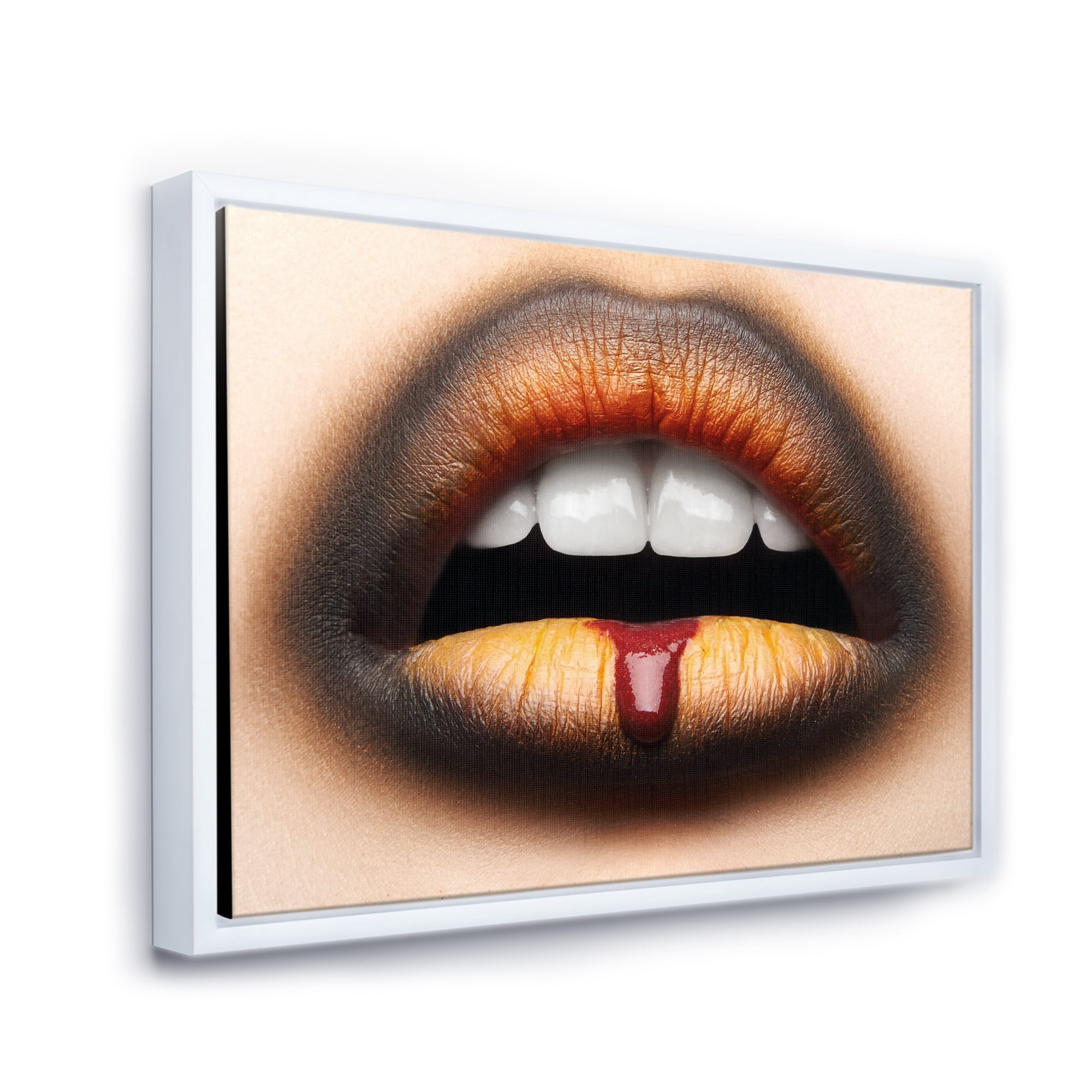 Woman Lips With Black & Orange Lipstick 32 in x 16 in Framed Photography Canvas Art Print, by Designart