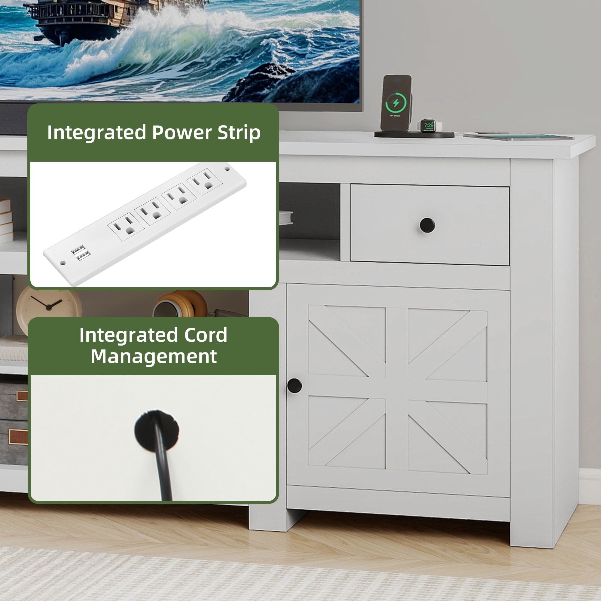 Uforic 70 Inch TV Stand for 75/80 Inch TV with 2 Drawers, 4 Open Compartments & Built-In Power Outlet, Floor Mount Wooden TV Console, White
