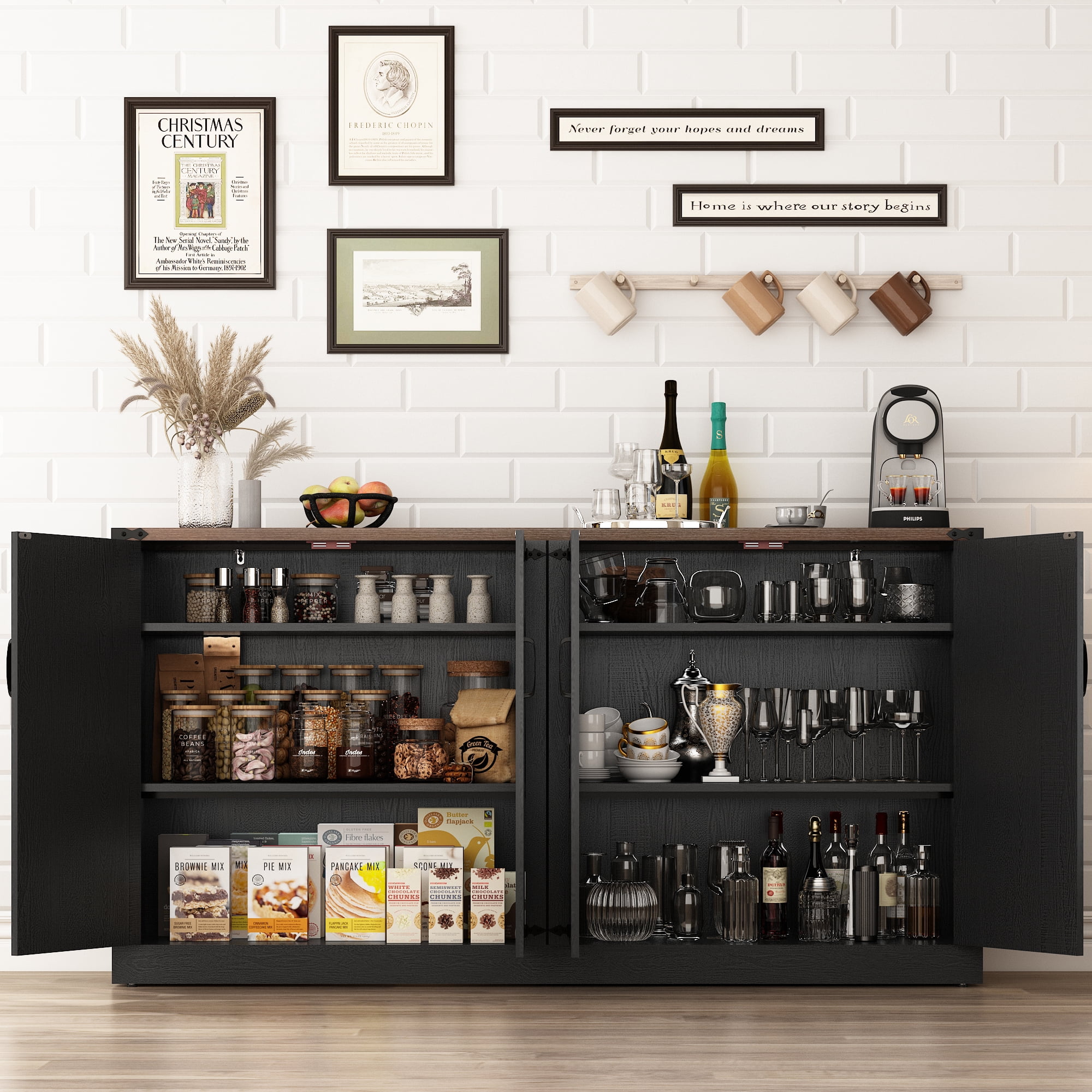 ChVans 65" Farmhouse Kitchen Buffet Cabinet with 4 Barn Doors, 34" Tall Wood Sideboard Credenza with Storage and Adjustable Shelves for Kitchen, Dining Room, Living Room, Black-Brown