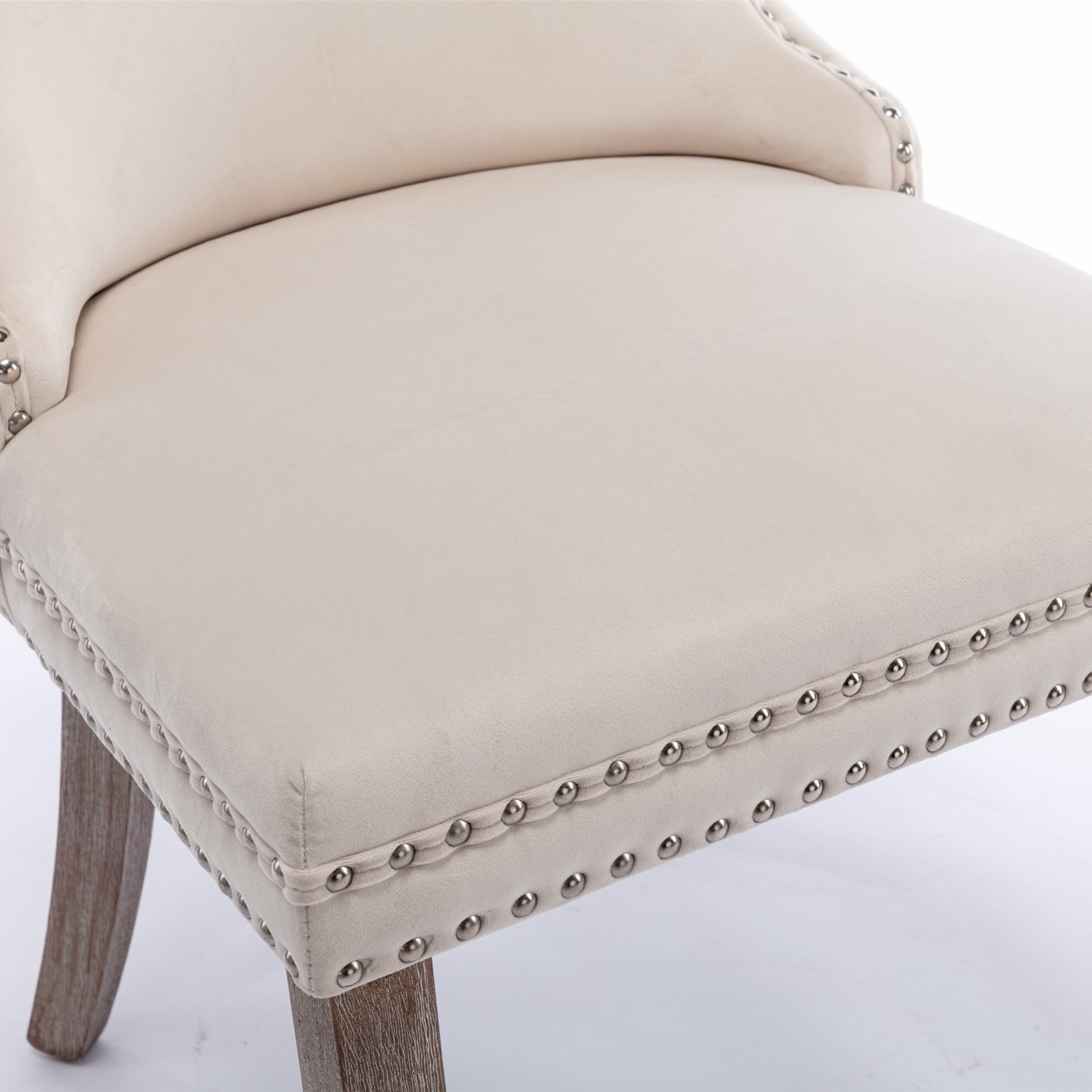 PORKISS Upholstered Dining Chairs Set of 2, Armless Side Chairs with Backstitching Nailhead Trim and Solid Wood Legs, Modern Velvet High Back Chairs, Beige