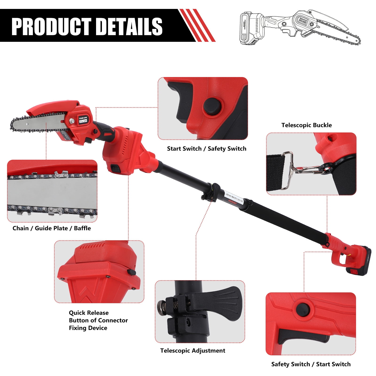 2-in-1 Brushless Cordless Pole Saw,6+8in Mini Chainsaw & Pole Saw with 2pcs 2.0A Batteries, 13.6ft Max Reach Brach Tree Saw Telescoping Extension Rod for Wood Tree Trimming Wood Cutting,Red