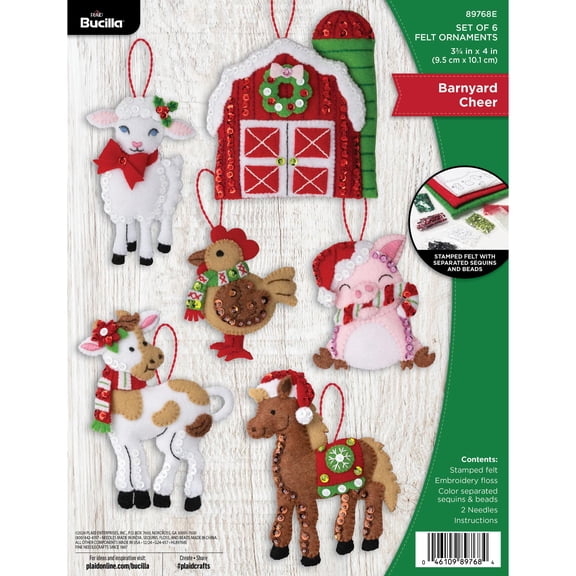 Bucilla Santa's Barnyard Cheer 6 Count Felt Applique Ornament Kit, 3.75 x 4 in