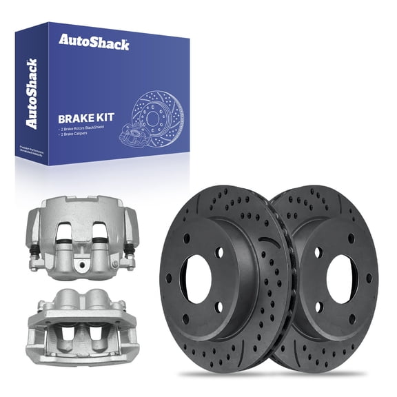 AutoShack Front Vented Drilled & Slotted Coated Brake Rotor Black Matte Finish   Caliper 4-PC Brake Kit Replacement for 2005-2008 Dodge Dakota 2006-2009 Mitsubishi Raider BlackShield 12.28" (312 mm)