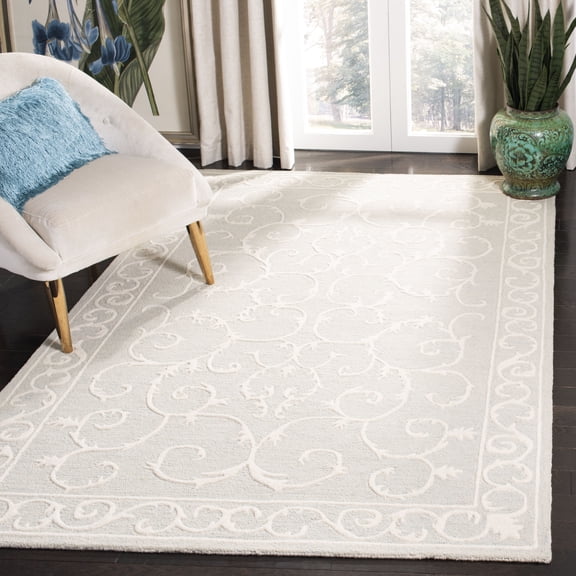 SAFAVIEH Micro-Loop Asteria Floral Bordered Wool Area Rug, Light Grey/Ivory, 5' x 5' Square