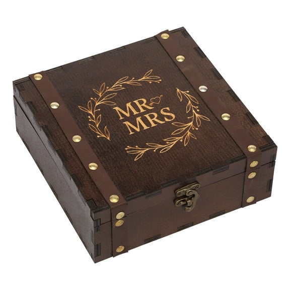 Grusce Mr and Mrs Wedding Keepsake Box, Wooden Vintage Bride Memory Storage Box with Locking Lid,Decorated by PU Leather and Rivets, for Newlyweds and Marriage Couple