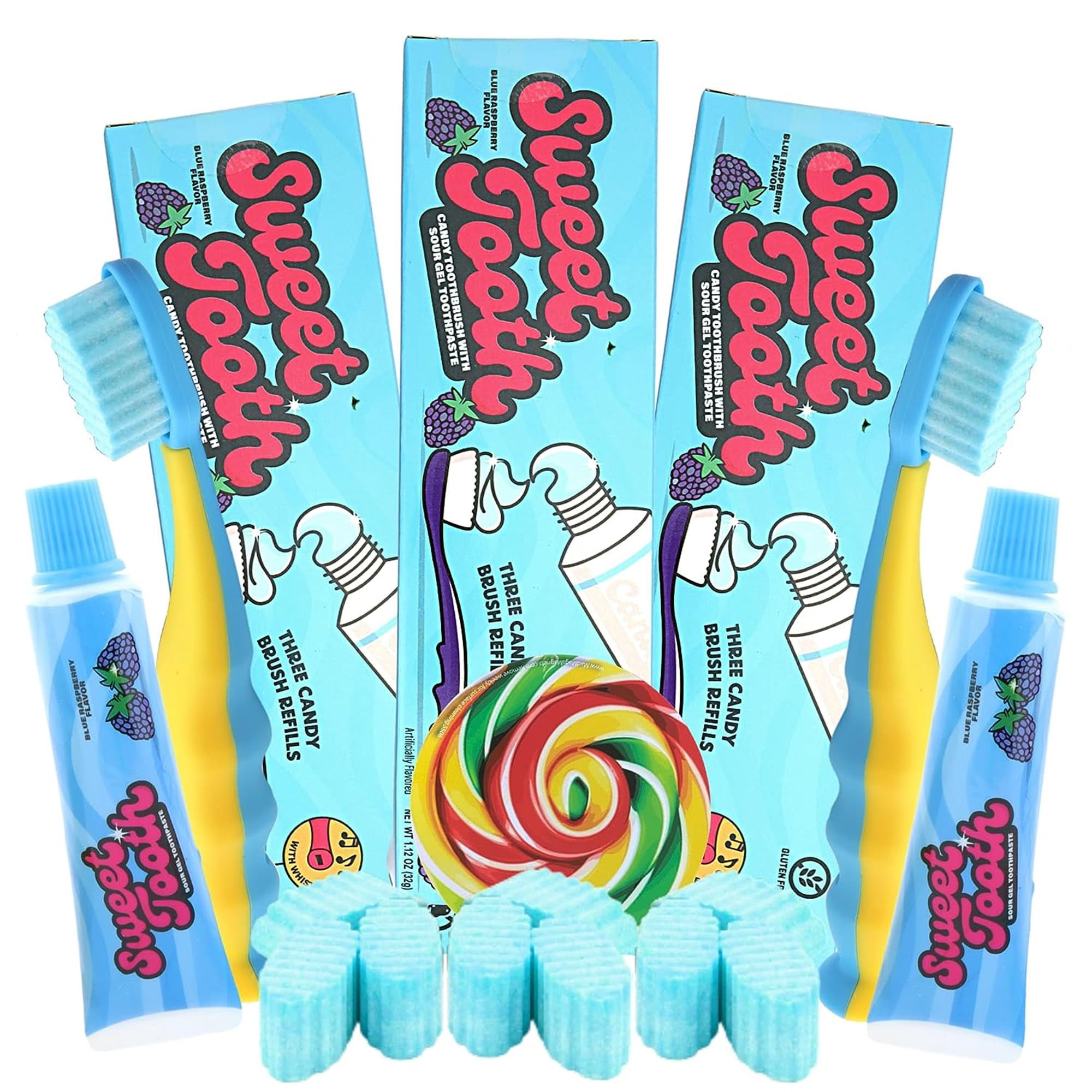 Edible Toothbrush and Toothpaste, Sour Hard Candies with Gel, Pack of 3, 1.12 Ounces Each
