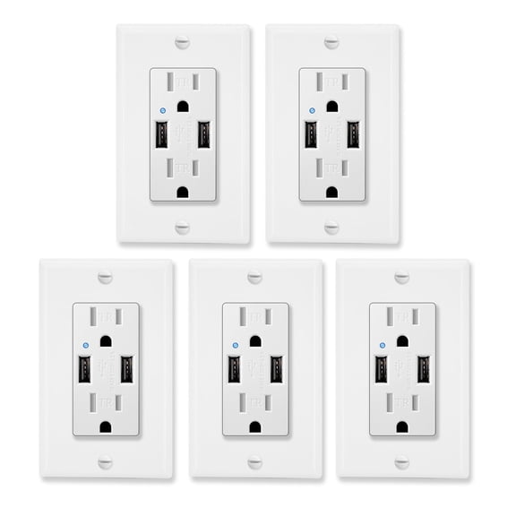 Greencycle 4.2A USB Receptacle Outlet with Dual USB Charging Ports and 2 Tamper-Resistant AC Sockets (15A/125V/1875W), Wall Plate Included, UL listed, 5-Pack, White