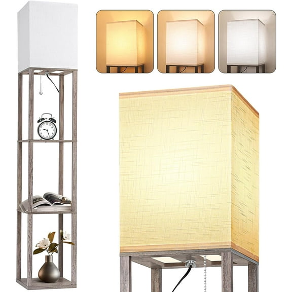 Floor Lamp with Shelves for Living Room, Shelf Floor Lamp with 3 CCT LED Bulb, Corner Display Standing Column Lamp Etagere Organizer Tower Nightstand with White Linen Shade for Bedroom Office