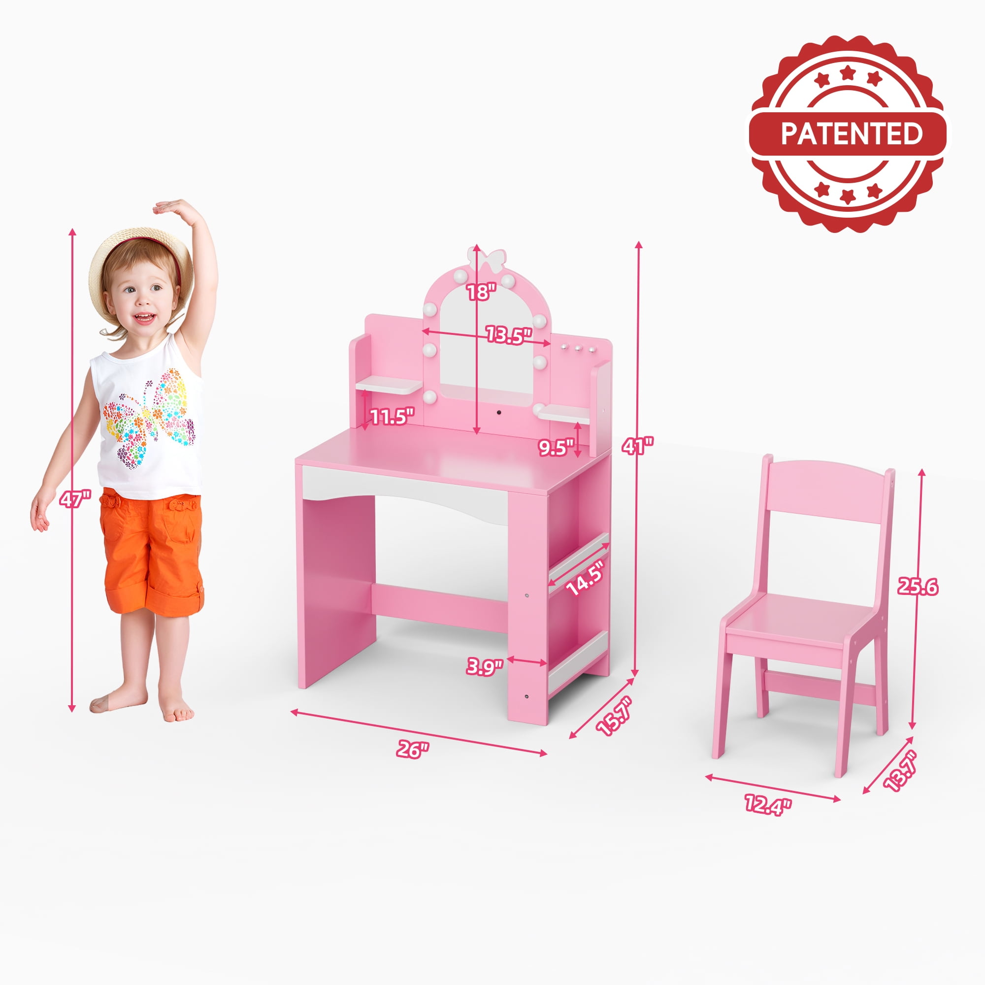 Reasea Kids LED Lights Vanity Table Set,Kids Vanity Table and Chair Set,Pink