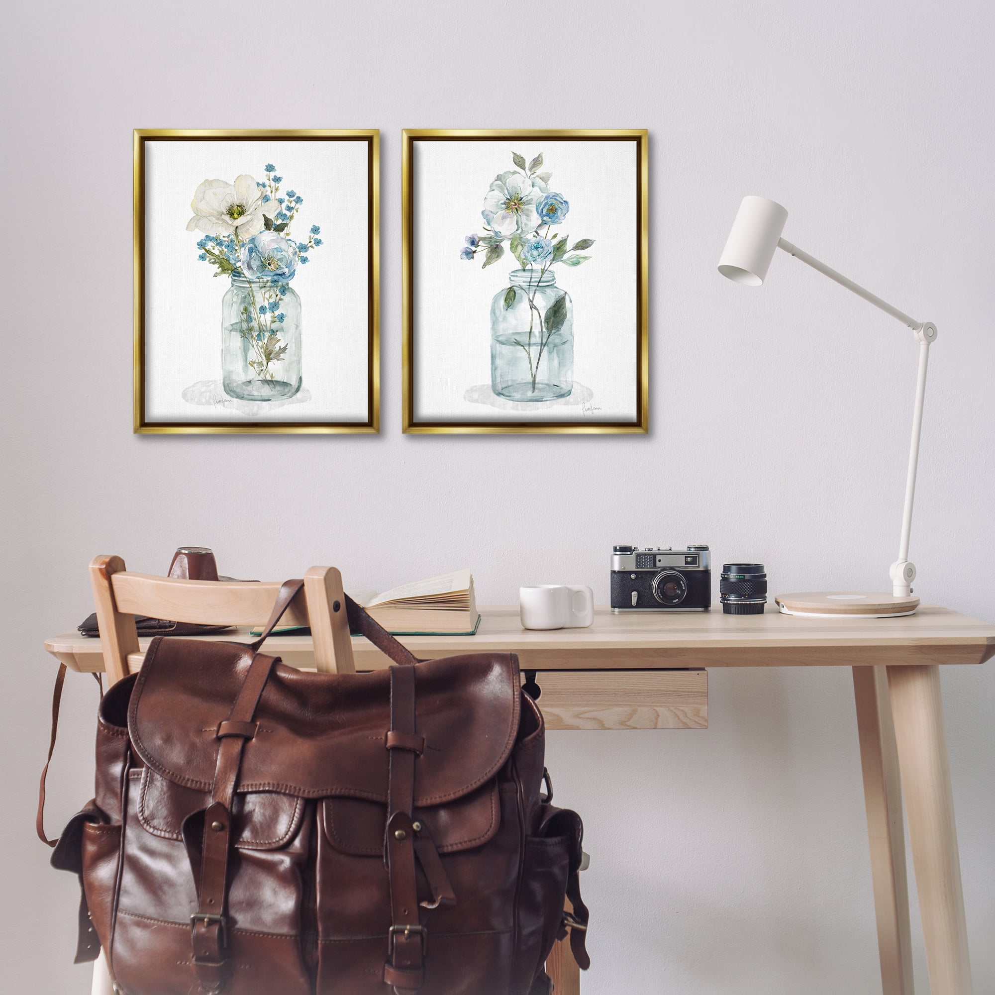 Stupell Industries Dainty Flowers in Jar Plants & Flowers Painting Gold Floater Framed Canvas Art Print Wall Art, 17 x 21, Set of 2