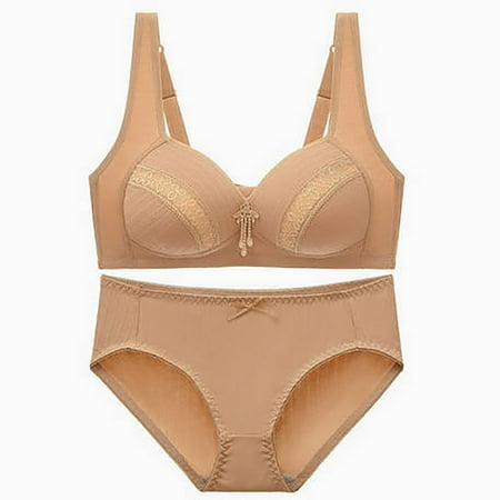 Arnsht Women s Lace Sexy Adjustable Plus Size Bra Lingerie Sets Popular Without Steel Ring Gathering Thin Underwear Set Beige L