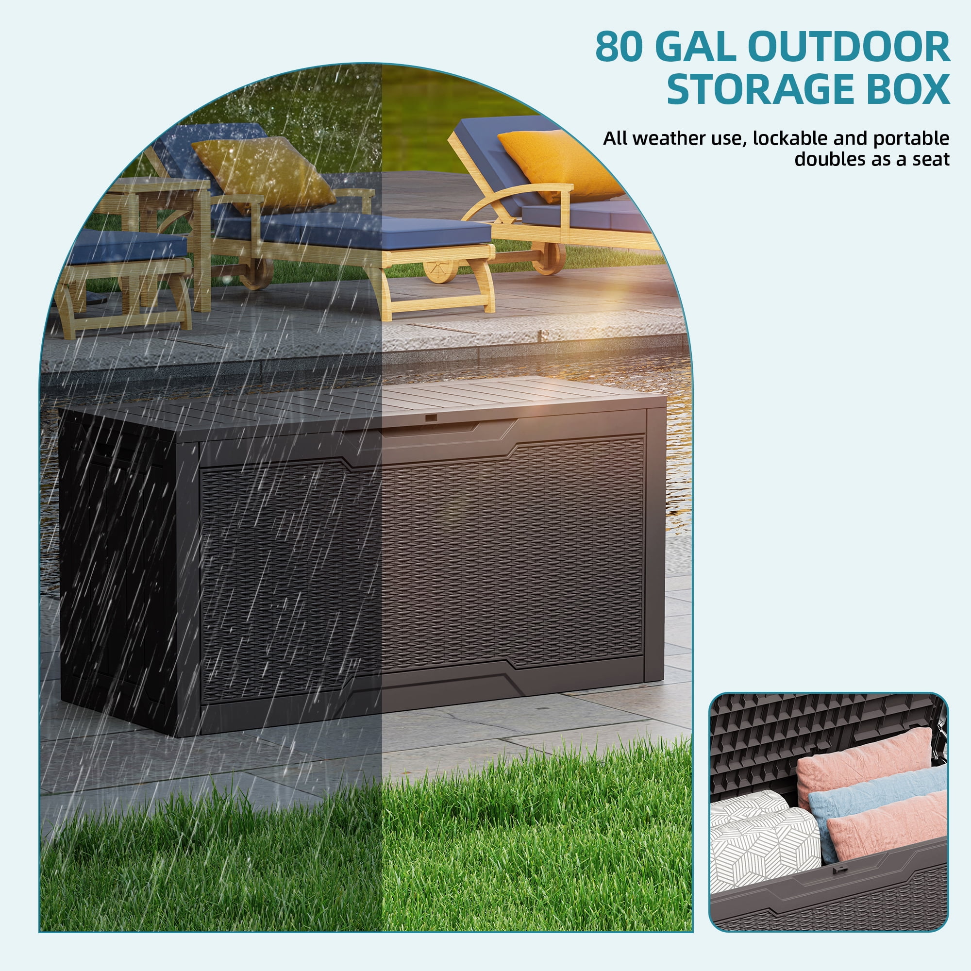 Uforic 80 Gallon Resin Deck Box, Weather Resistant Rattan Outdoor Storage Box, Lockable for Patio Garden Pool Supplies, Dark Brown