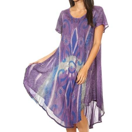 Sakkas Dalila Women's Midi A-line Short Sleeve Boho Swing Dress Cover-up Nightgown - 19109-Purple - One Size