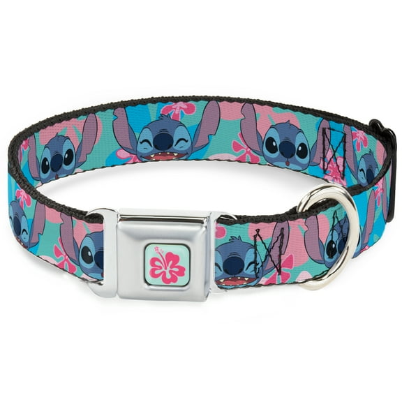 Disney Pet Collar, Dog Collar Metal Seatbelt Buckle, Lilo and Stitch Stitch Expressions and Flowers Blues Pinks, 9.5 to 13 Inches 1.0 Inch Wide