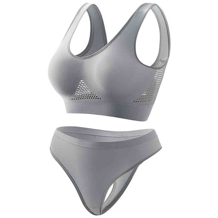 Virmaxy Womens Wirefree Sport Bras Briefs Set High Impact Workout Gym Activewear Set Workout Gathering Seamless Breathable Sports Underwear Panty Set Gray XXXXXL