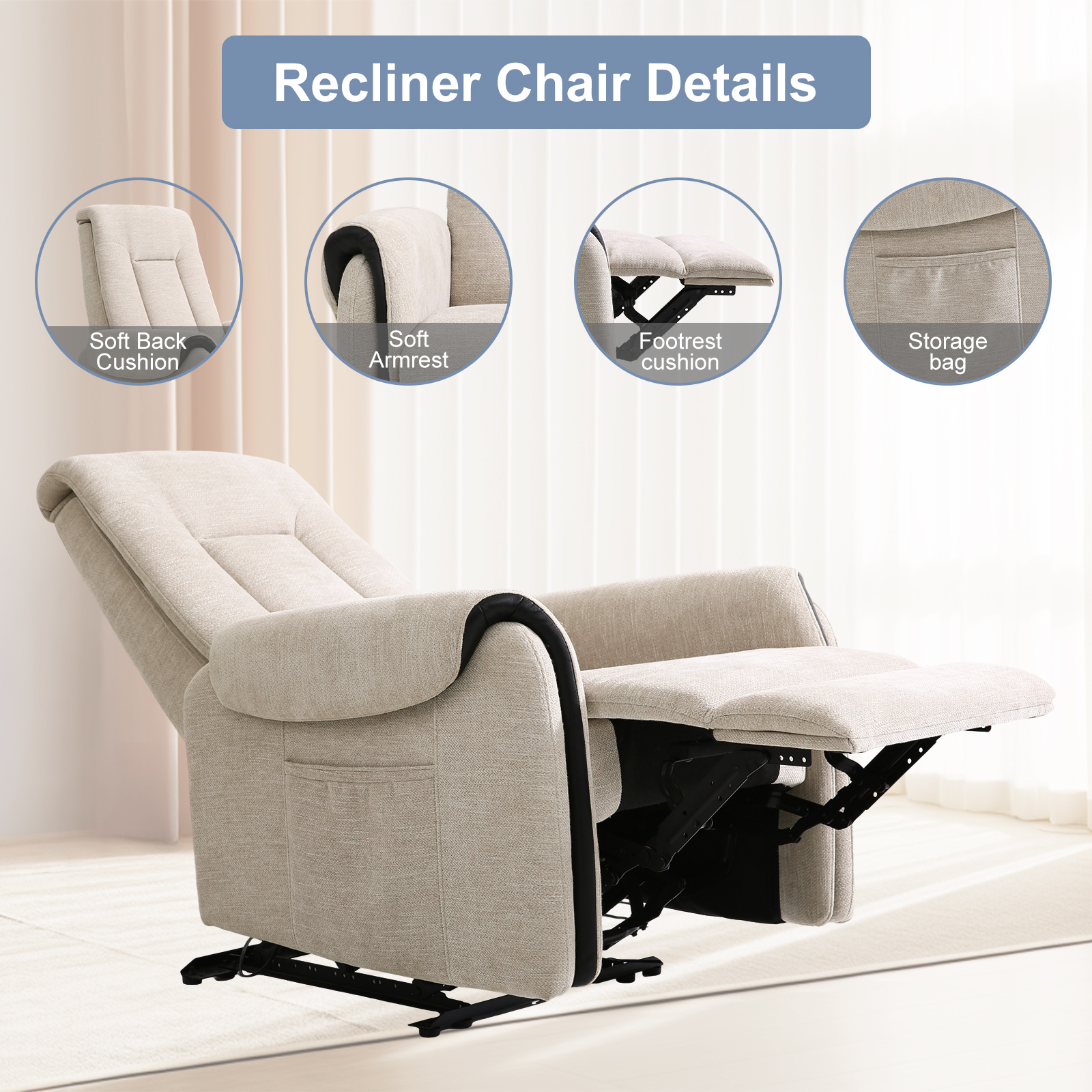 MERITLIFE Chenille Fabric Massage Recliner with Adjustable Headrest and Lumbar Support, Beige