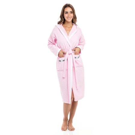 

Women’s Waffle Weave Robe Ladies Hooded Bathrobe 100% Terry Cotton Spa Robes Pink L