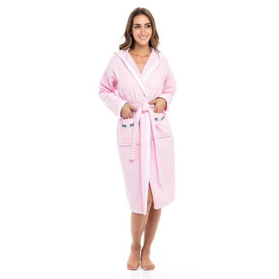 Women’s Waffle Weave Robe Ladies Hooded Bathrobe 100% Terry Cotton Spa Robes Pink S
