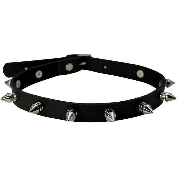 Gargantilla estilo gótico punk con pinchos de SuriNexCentrics, ajustable de 30 a 42 cm, de cuero sintético negro con pinchos de metal plateado.