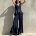 thumbnail image 6 of Womens Casual Two Piece Outfit V Neck Sleeveless Button Peplum Top High Waist Ruffle Hem Wide Leg Pants Solid Color Elegant Set Navy XXL(XXL), 6 of 7